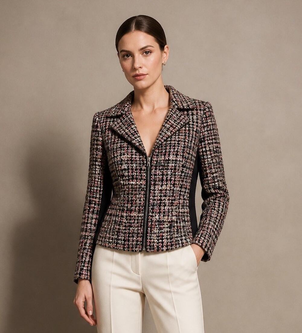 White House Black Market Jacket Blazer 8P Women's Black & Multi Tweed Zip-Up NWT
